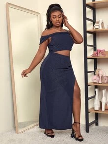 SHEIN SXY 大碼不對稱領短款上衣和高衩半身裙 - 藏蓝色 - 查看 3