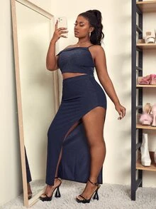 SHEIN SXY 大碼不對稱領短款上衣和高衩半身裙 - 藏蓝色 - 查看 4