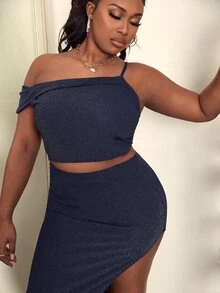 SHEIN SXY 大碼不對稱領短款上衣和高衩半身裙 - 藏蓝色 - 查看 5