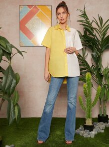 SHEIN 撞色弧形下擺襯衫 - 彩色 - 查看 1