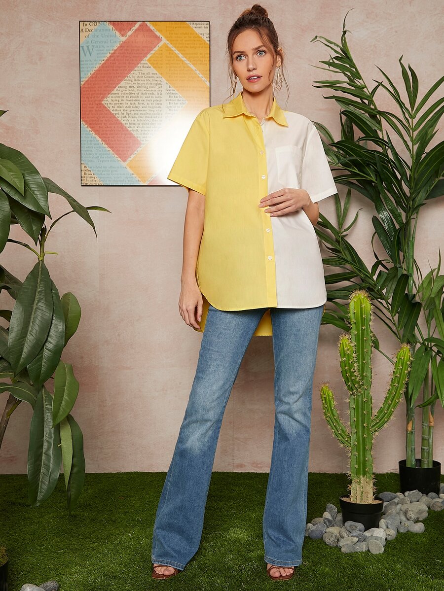 SHEIN 撞色弧形下擺襯衫 - 彩色 - 查看 1