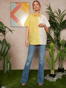 SHEIN 撞色弧形下擺襯衫 - 彩色 - 查看 5