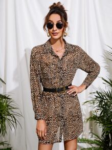 Shein Essnce Women Leopard Shirt Leopard Shirt Ladies' See-Through Leopard Print Long Sleeved Open Front Shirt, Autumn - Multicolor - View 4