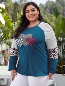 大碼豹紋和心形印花插肩袖T恤 - 藍色 - 查看 3