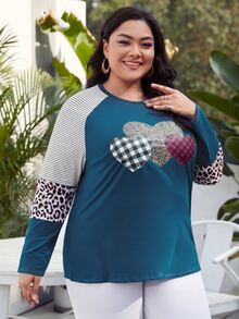 大碼豹紋和心形印花插肩袖T恤 - 藍色 - 查看 5