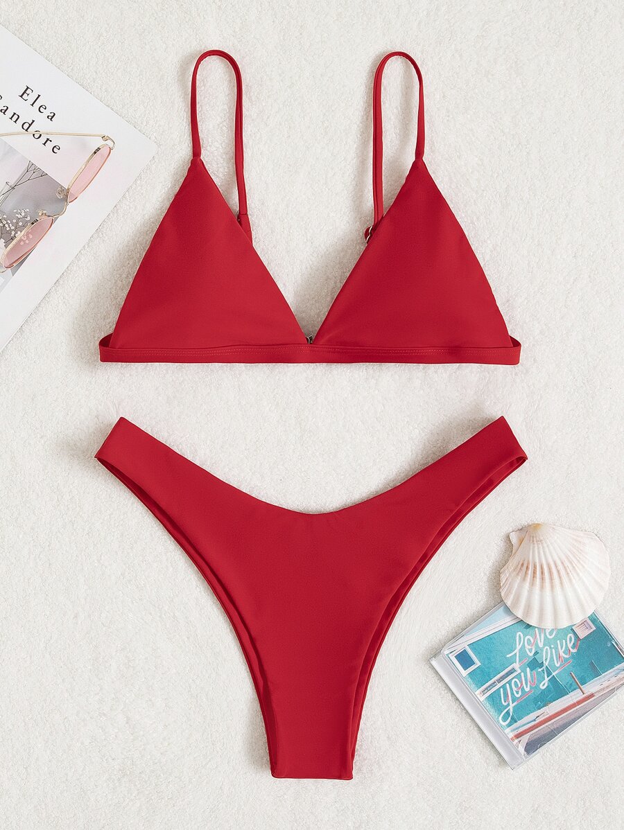 SHEIN Swim Summer Beach Plain Micro Triangle High Cut Bikini - Red - View 1