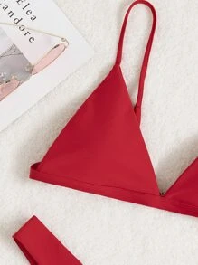 SHEIN Swim Summer Beach Plain Micro Triangle High Cut Bikini - Red - View 3
