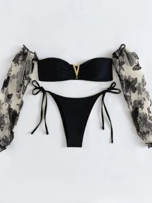 Bikini con manga de tul bordado en forma de V - Negro - Ver 3