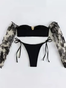 Bikini con manga de tul bordado en forma de V - Negro - Ver 2