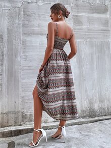 圖形圖案打褶吊帶洋裝 - 彩色 - 查看 2