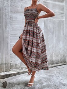 圖形圖案打褶吊帶洋裝 - 彩色 - 查看 5