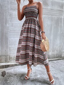 圖形圖案打褶吊帶洋裝 - 彩色 - 查看 6