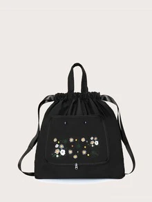 Rugzak met trekkoord Geborduurde bloemen - Zwart - Bekijken 1