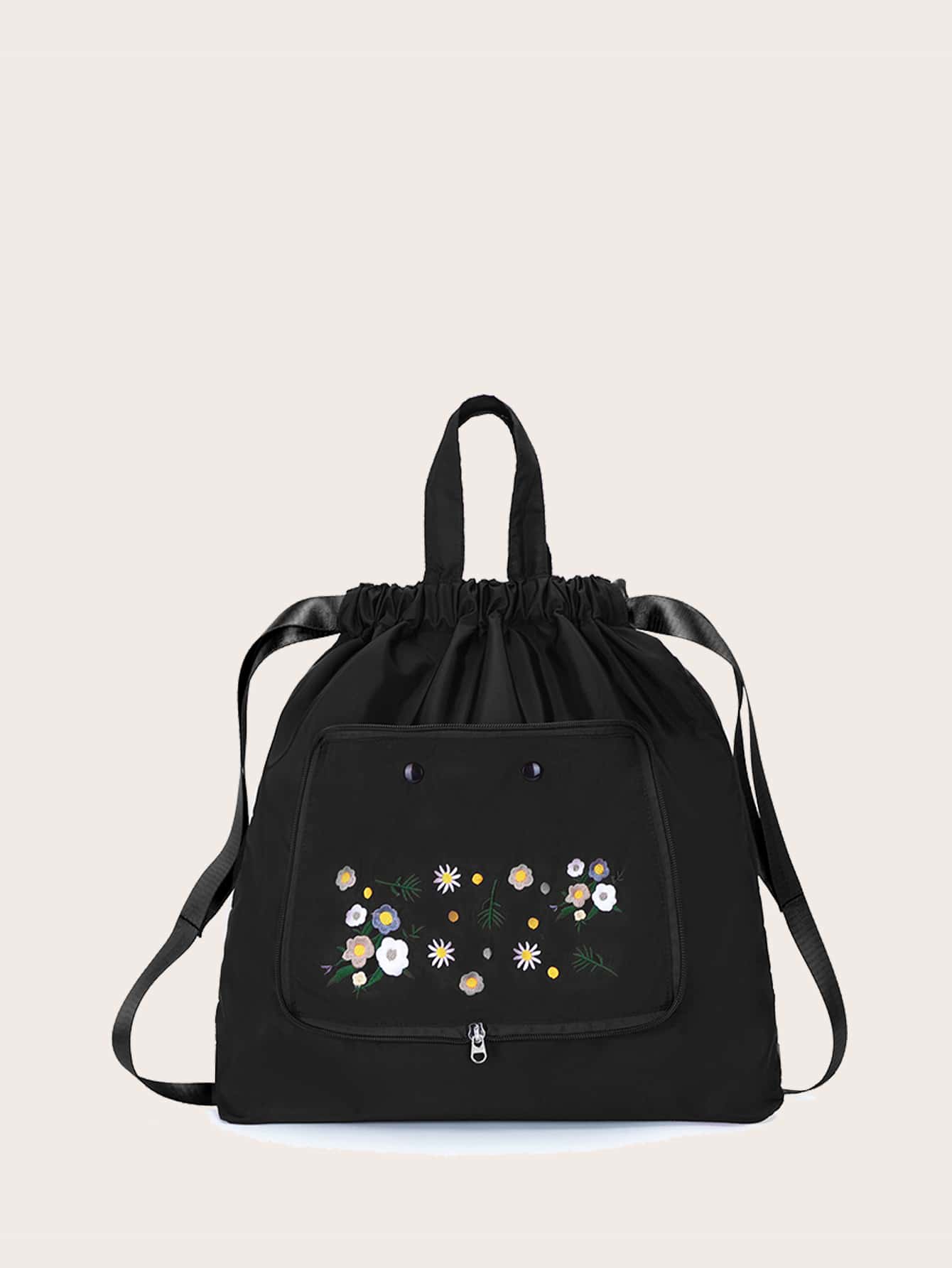 Rugzak met trekkoord Geborduurde bloemen - Zwart - Bekijken 1