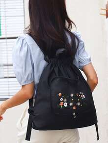 Rugzak met trekkoord Geborduurde bloemen - Zwart - Bekijken 2