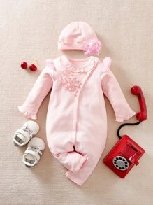 Yierying Áo liền quần Em bé viền lá sen màu trơn Dễ thương - Màu Hồng baby - Xem 1