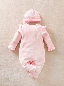 Yierying Áo liền quần Em bé viền lá sen màu trơn Dễ thương - Màu Hồng baby - Xem 2