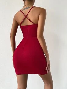 SHEIN Privé Crisscross Back Split Hem Form Fitted Dress Without Belt - Burgundy - View 2