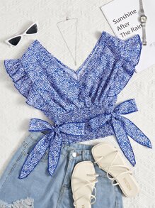 SHEIN VCAY Ruffle Armhole Shirred Hem Dalmatian Allover Print Top - Blue and White - View 1