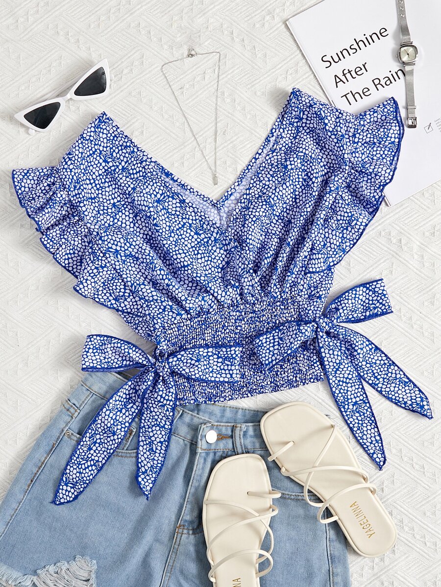 SHEIN VCAY Ruffle Armhole Shirred Hem Dalmatian Allover Print Top - Blue and White - View 1