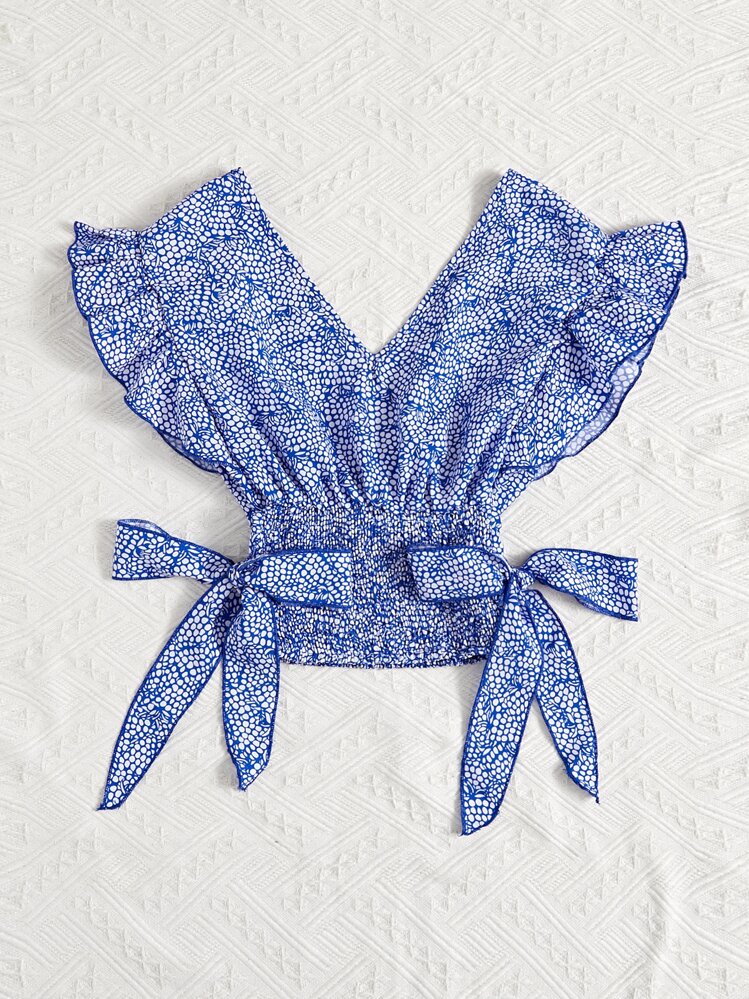 SHEIN VCAY Ruffle Armhole Shirred Hem Dalmatian Allover Print Top - Blue and White - View 2