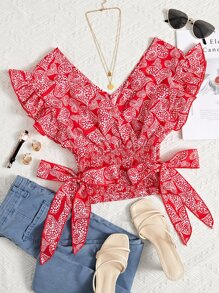 SHEIN VCAY Ruffle Armhole Shirred Hem Polka-dot Top - Red and White - View 1