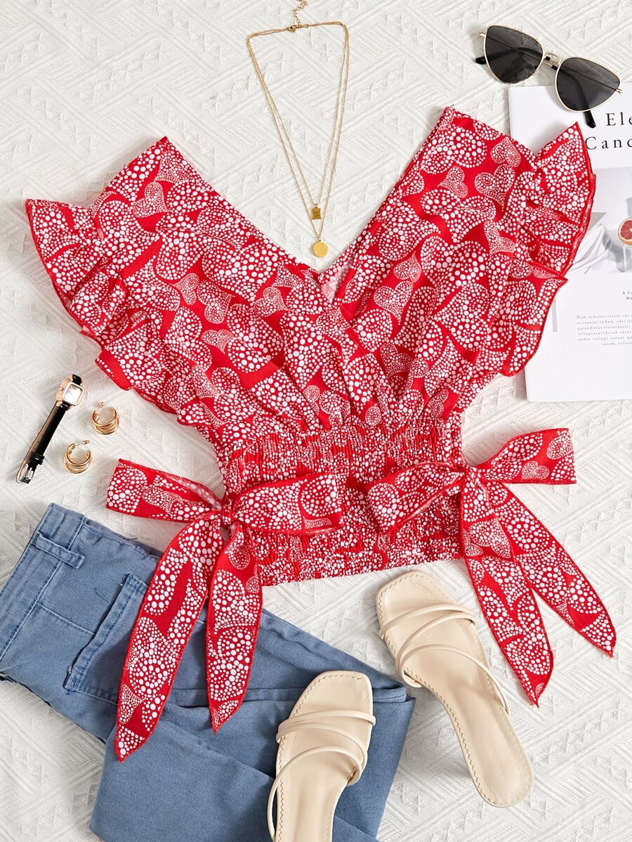SHEIN VCAY Ruffle Armhole Shirred Hem Polka-dot Top - Red and White - View 1