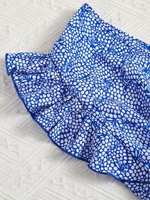 SHEIN VCAY Ruffle Armhole Shirred Hem Dalmatian Allover Print Top - Blue and White - View 3