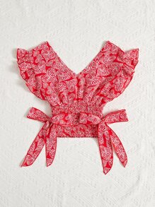 SHEIN VCAY Ruffle Armhole Shirred Hem Polka-dot Top - Red and White - View 2