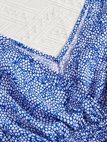 SHEIN VCAY Ruffle Armhole Shirred Hem Dalmatian Allover Print Top - Blue and White - View 4