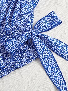 SHEIN VCAY Ruffle Armhole Shirred Hem Dalmatian Allover Print Top - Blue and White - View 5