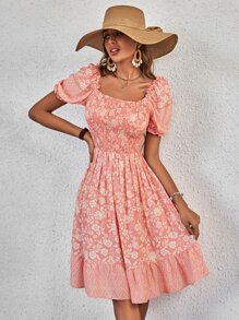 Floral Print Shirred Bodice Puff Sleeve Ruffle Hem Dress - Multicolor - View 1