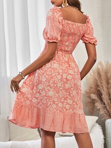 Floral Print Shirred Bodice Puff Sleeve Ruffle Hem Dress - Multicolor - View 2