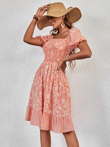 Floral Print Shirred Bodice Puff Sleeve Ruffle Hem Dress - Multicolor - View 6