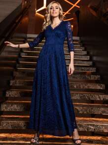 MIUSOL Scallop Sheer A-Line Lace Prom Dress - Navy Blue - View 2