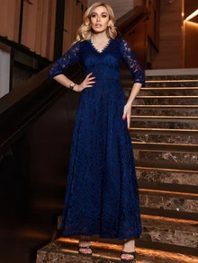 MIUSOL Scallop Sheer A-Line Lace Prom Dress - Navy Blue - View 5