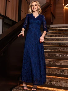 MIUSOL Scallop Sheer A-Line Lace Prom Dress - Navy Blue - View 4