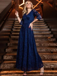 MIUSOL Scallop Sheer A-Line Lace Prom Dress - Navy Blue - View 7