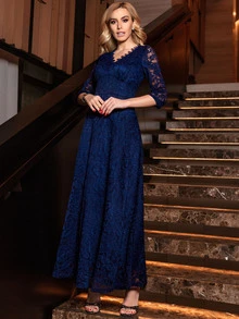 MIUSOL Scallop Sheer A-Line Lace Prom Dress - Navy Blue - View 8