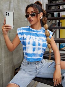 Áo hai dây Cà vạt nhuộm Giải trí - Xanh và trắng - Xem 7