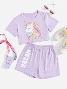 SHEIN Girls Cartoon Graphic Tee & Letter Graphic Shorts - Lilac Purple - View 1
