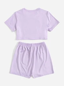 SHEIN Girls Cartoon Graphic Tee & Letter Graphic Shorts - Lilac Purple - View 2