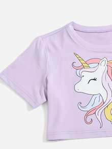 SHEIN Girls Cartoon Graphic Tee & Letter Graphic Shorts - Lilac Purple - View 4