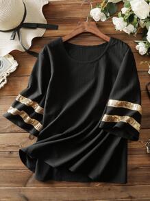 Mulvari Plus Sequin Detail Round Neck Blouse - Black - View 1