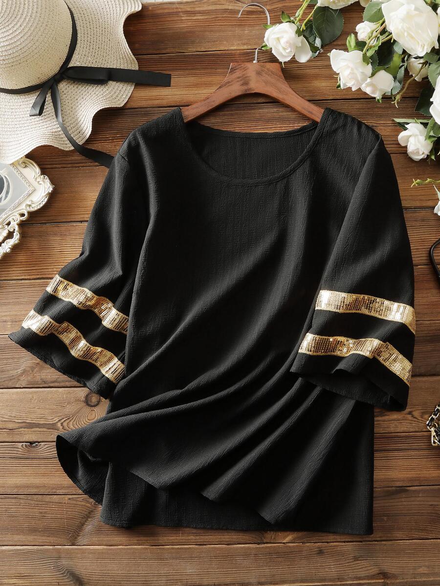 Mulvari Plus Sequin Detail Round Neck Blouse - Black - View 1