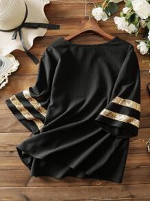 Mulvari Plus Sequin Detail Round Neck Blouse - Black - View 2