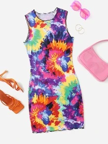 SHEIN Tie Dye Lettuce Trim Dress - Multicolor - View 1