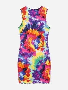 SHEIN Tie Dye Lettuce Trim Dress - Multicolor - View 2