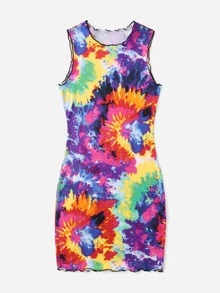 SHEIN Tie Dye Lettuce Trim Dress - Multicolor - View 3