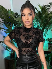 SHEIN SXY 小高領花卉圖案透視網紗上衣不附胸罩 - 黑色 - 查看 3